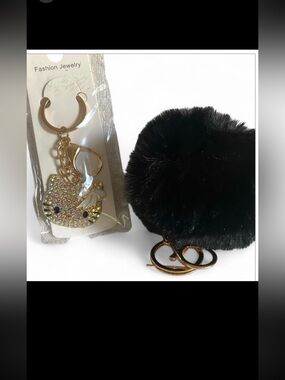Hello Kitty 2pc Black Pom Pom Keychain bag charm with Rhinestone kitty